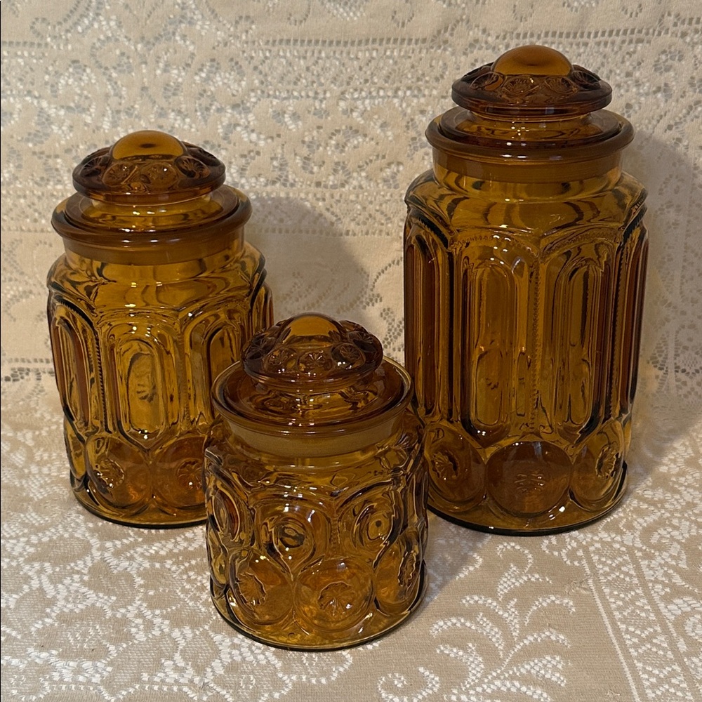 Vintage LE Smith Moon and Star Amber Glass Canister Set